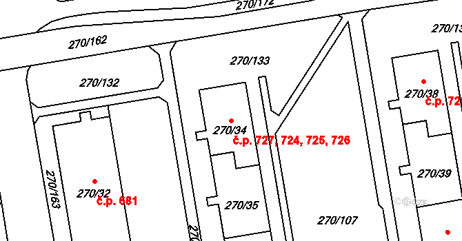 Skvrňany 724,725,726,727, Plzeň na parcele st. 270/35 v KÚ Skvrňany, Katastrální mapa