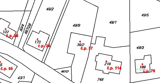 Černovír 37, Ústí nad Orlicí na parcele st. 36/2 v KÚ Černovír u Ústí nad Orlicí, Katastrální mapa