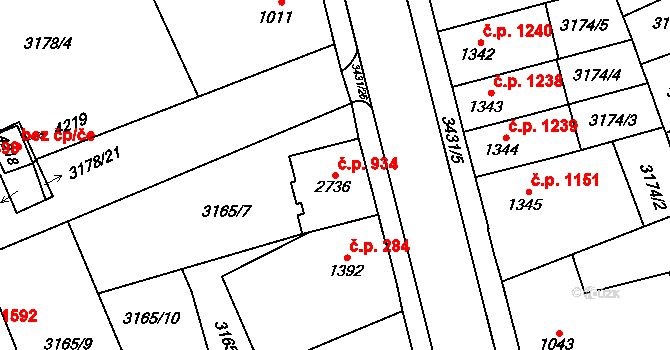 Česká Třebová 934 na parcele st. 2736 v KÚ Česká Třebová, Katastrální mapa