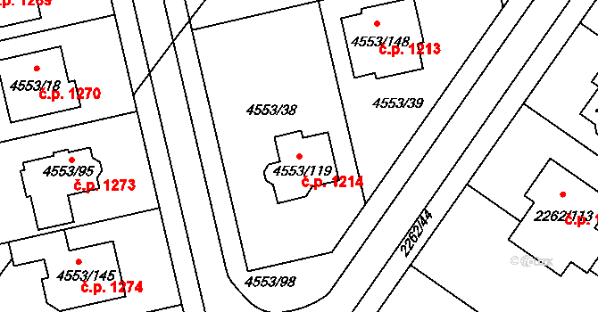 Hustopeče 1214 na parcele st. 4553/119 v KÚ Hustopeče u Brna, Katastrální mapa