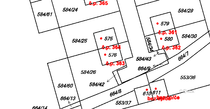 Hradiště 363, Písek na parcele st. 576 v KÚ Hradiště u Písku, Katastrální mapa