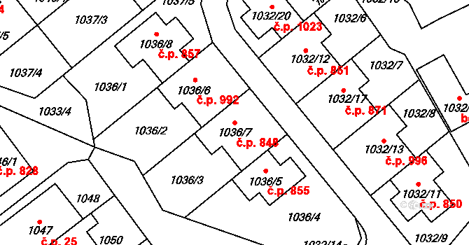 Štýřice 848, Brno na parcele st. 1036/7 v KÚ Štýřice, Katastrální mapa