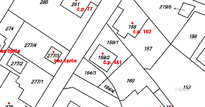 Lhotka 141 na parcele st. 159/2 v KÚ Lhotka u Hořovic, Katastrální mapa