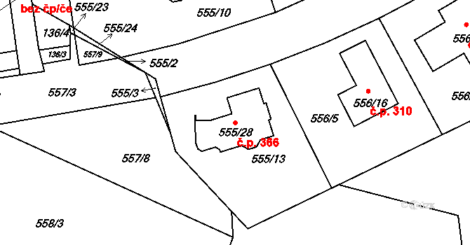 Šeberov 366, Praha na parcele st. 555/28 v KÚ Šeberov, Katastrální mapa