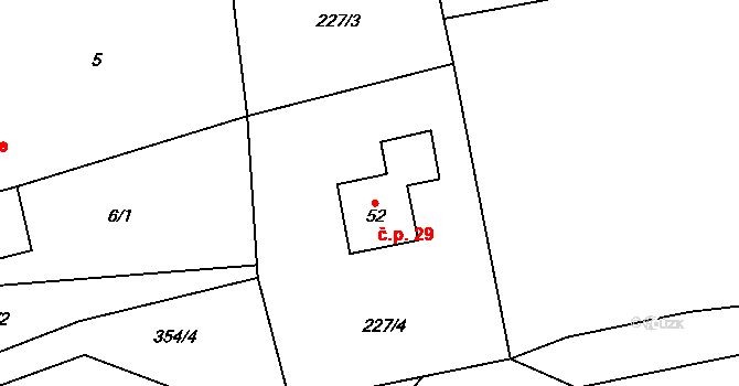 Radimovice 29, Petříkov na parcele st. 52 v KÚ Radimovice u Velkých Popovic, Katastrální mapa