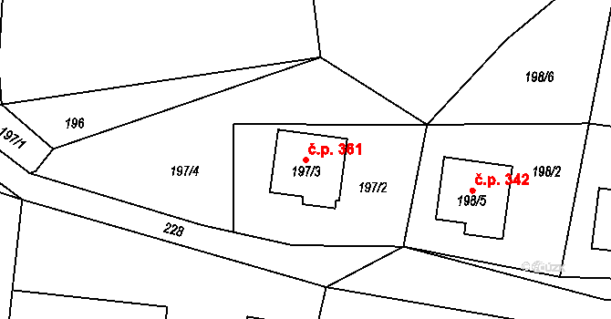 Zádveřice 361, Zádveřice-Raková na parcele st. 197/3 v KÚ Zádveřice, Katastrální mapa