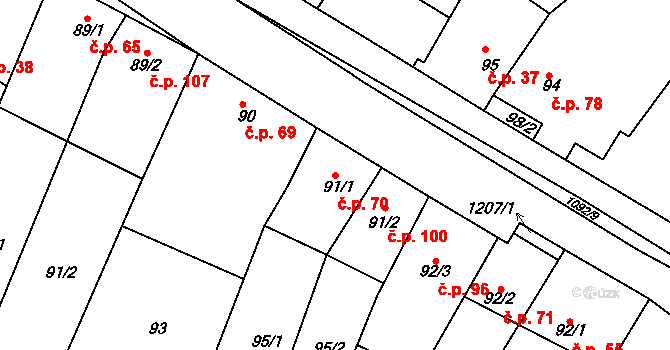 Milonice 70 na parcele st. 91/1 v KÚ Milonice, Katastrální mapa