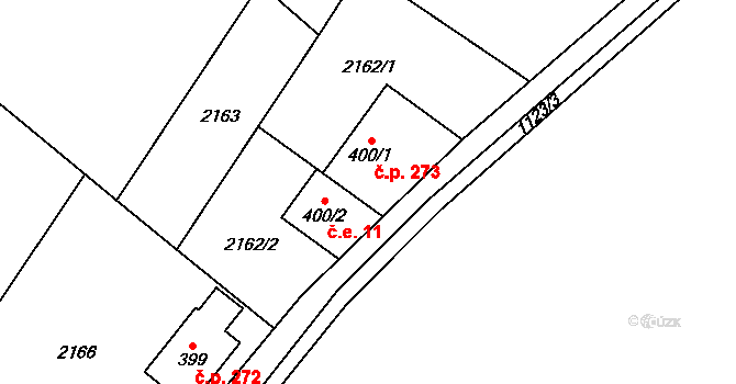 Hanušovice 11 na parcele st. 400/2 v KÚ Hanušovice, Katastrální mapa