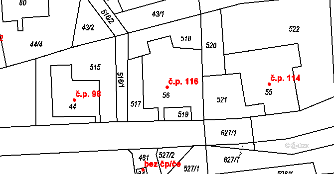 Raškov 116, Bohdíkov na parcele st. 56 v KÚ Raškov Dvůr, Katastrální mapa