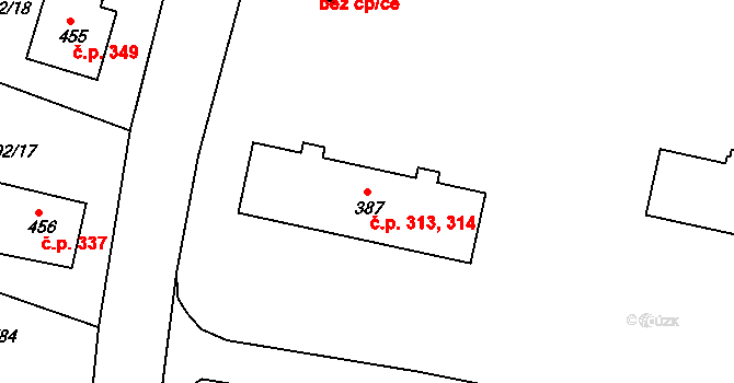 Žebrák 313,314 na parcele st. 387 v KÚ Žebrák, Katastrální mapa