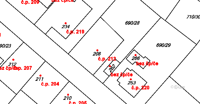 Tuhaň 212 na parcele st. 208 v KÚ Tuhaň, Katastrální mapa