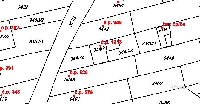 Vlčnov 1313 na parcele st. 3445/1 v KÚ Vlčnov, Katastrální mapa