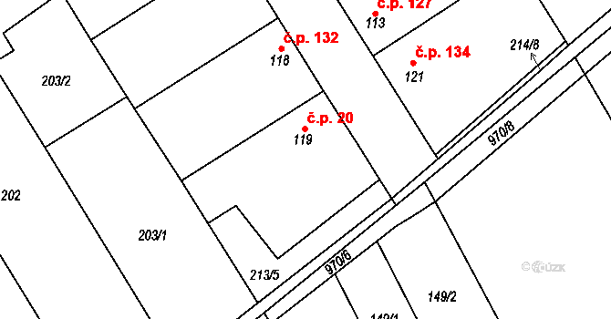 Hřivčice 20, Peruc na parcele st. 119 v KÚ Hřivčice, Katastrální mapa