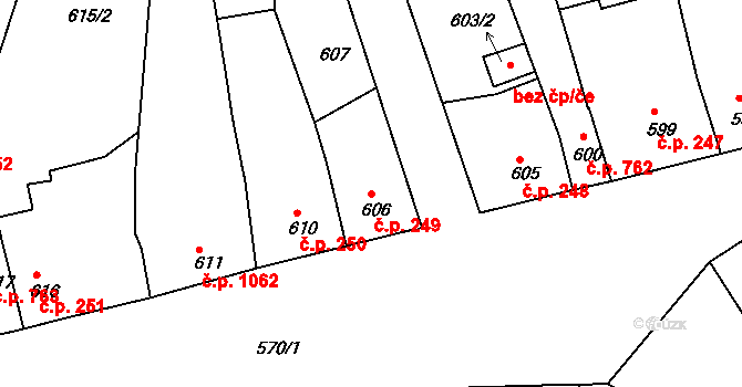 Holešov 249 na parcele st. 606 v KÚ Holešov, Katastrální mapa