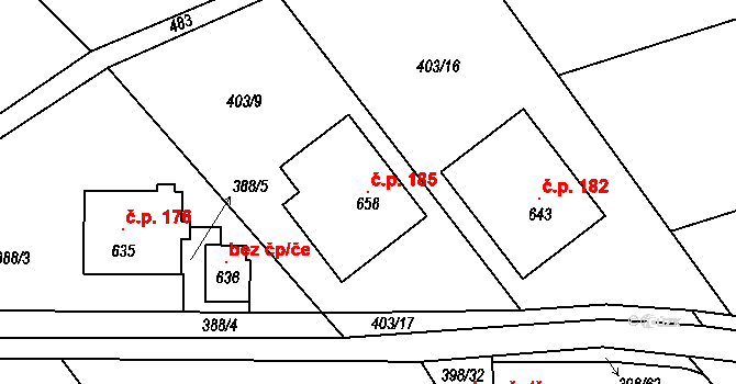 Patřín 185, Loučeň na parcele st. 658 v KÚ Patřín, Katastrální mapa