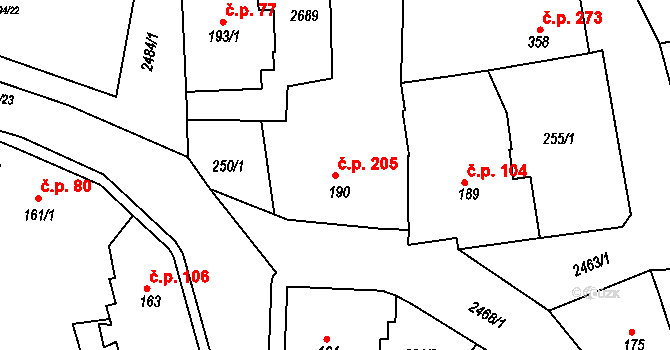 Pernink 205 na parcele st. 190 v KÚ Pernink, Katastrální mapa