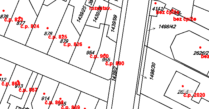 Nymburk 890 na parcele st. 955 v KÚ Nymburk, Katastrální mapa