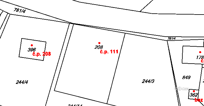 Karpentná 111, Třinec na parcele st. 208 v KÚ Karpentná, Katastrální mapa