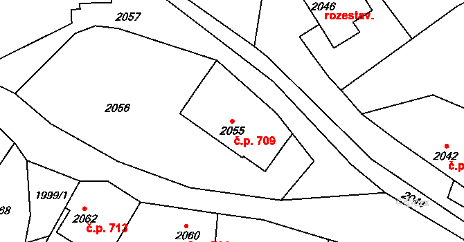 Raspenava 709 na parcele st. 2055 v KÚ Raspenava, Katastrální mapa