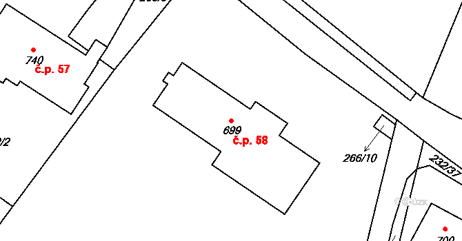 Raškovice 58 na parcele st. 699 v KÚ Raškovice, Katastrální mapa