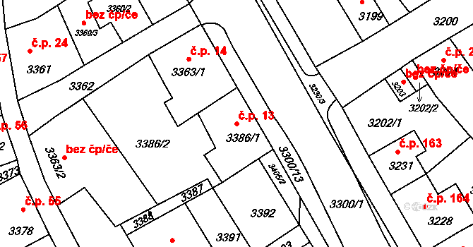 Mimoň I 13, Mimoň na parcele st. 3386/1 v KÚ Mimoň, Katastrální mapa