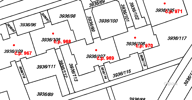 Lutyně 969, Orlová na parcele st. 3936/107 v KÚ Horní Lutyně, Katastrální mapa