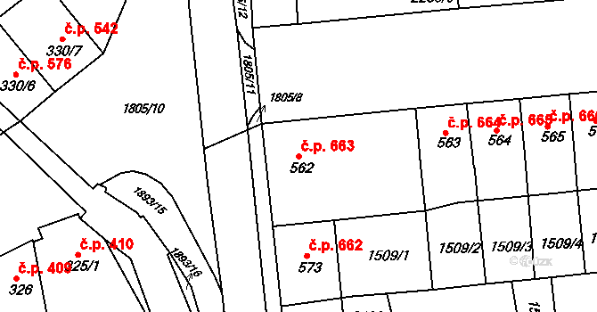 Předměstí 663, Svitavy na parcele st. 562 v KÚ Svitavy-předměstí, Katastrální mapa