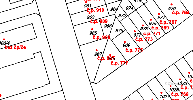 Černá Pole 907, Brno na parcele st. 967 v KÚ Černá Pole, Katastrální mapa