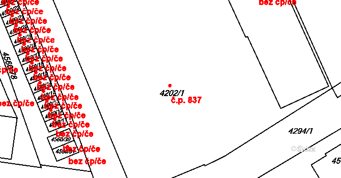 Teplice 837 na parcele st. 4202/1 v KÚ Teplice, Katastrální mapa