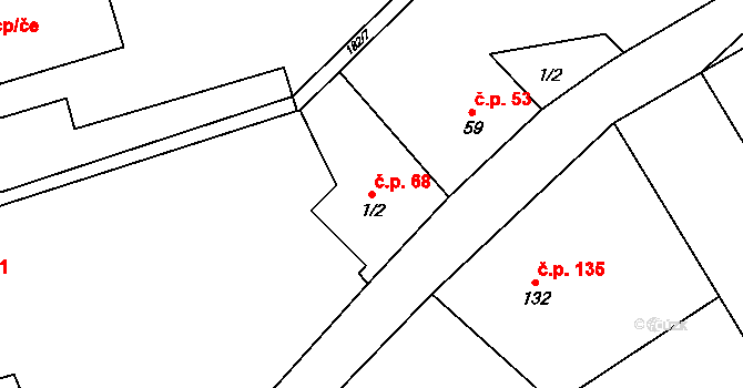 Mezouň 68 na parcele st. 1/2 v KÚ Mezouň, Katastrální mapa