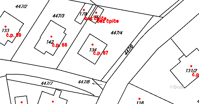 Drahobudice 87 na parcele st. 134 v KÚ Drahobudice, Katastrální mapa