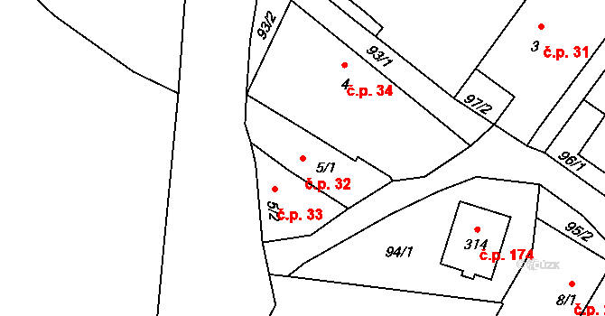 Český Rudolec 32 na parcele st. 5/1 v KÚ Český Rudolec, Katastrální mapa