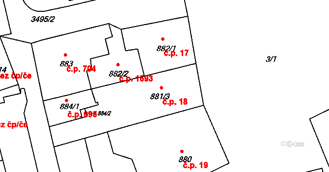 Jirkov 18 na parcele st. 881/3 v KÚ Jirkov, Katastrální mapa