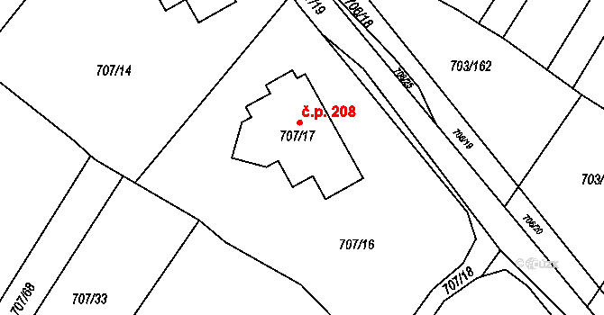 Rozdrojovice 208 na parcele st. 707/17 v KÚ Rozdrojovice, Katastrální mapa