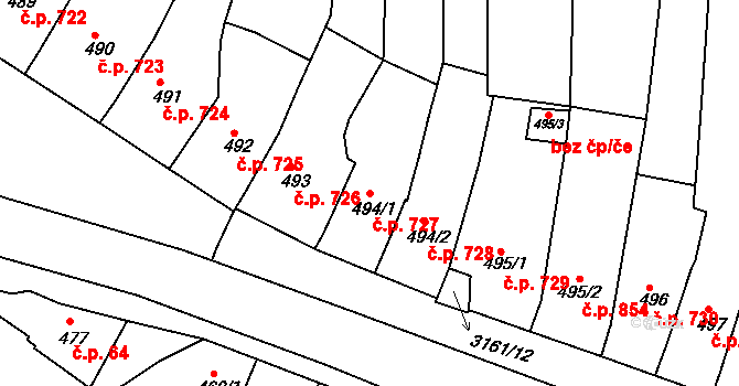 Ivančice 727 na parcele st. 494/1 v KÚ Ivančice, Katastrální mapa