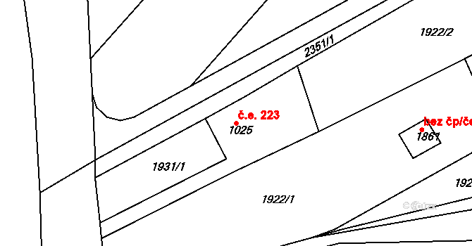 Rosice 223 na parcele st. 1025 v KÚ Rosice u Brna, Katastrální mapa