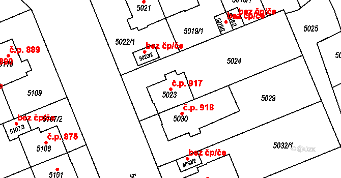 Východní Předměstí 917, Plzeň na parcele st. 5023 v KÚ Plzeň, Katastrální mapa