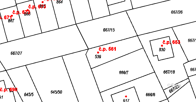 Lišov 561 na parcele st. 539 v KÚ Lišov, Katastrální mapa