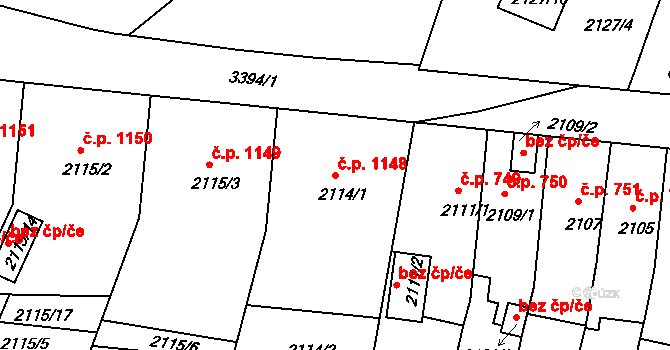 Benešov 1148 na parcele st. 2114/1 v KÚ Benešov u Prahy, Katastrální mapa