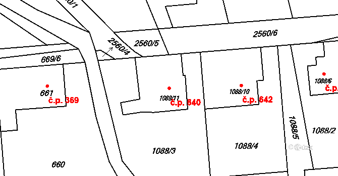 Hrabová 640, Ostrava na parcele st. 1088/11 v KÚ Hrabová, Katastrální mapa
