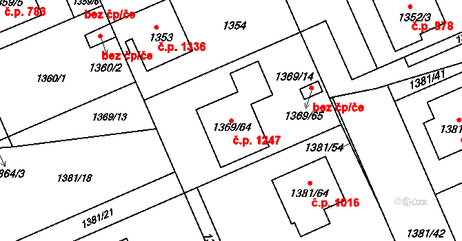 Černice 1247, Plzeň na parcele st. 1369/64 v KÚ Bručná, Katastrální mapa