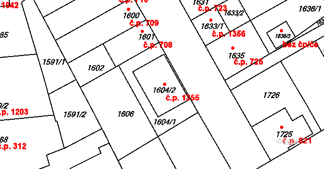 Hulín 1355 na parcele st. 1604/2 v KÚ Hulín, Katastrální mapa