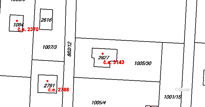 Litice 3143, Plzeň na parcele st. 2827 v KÚ Valcha, Katastrální mapa