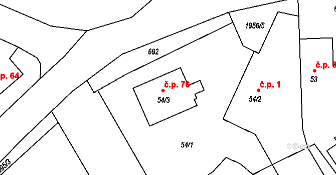 Šebířov 76 na parcele st. 54/3 v KÚ Šebířov, Katastrální mapa