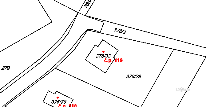 Písek 119 na parcele st. 376/33 v KÚ Písek u Chlumce nad Cidlinou, Katastrální mapa
