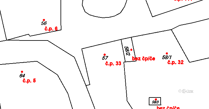 Podmokly 33 na parcele st. 57 v KÚ Podmokly nad Berounkou, Katastrální mapa