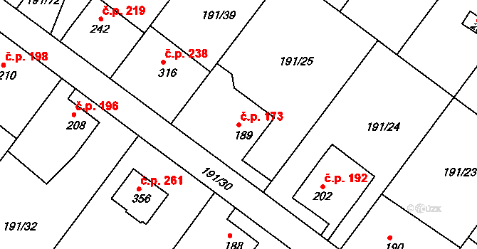 Babí 173, Náchod na parcele st. 189 v KÚ Babí u Náchoda, Katastrální mapa