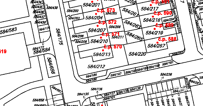 Dolní Měcholupy 570, Praha na parcele st. 584/213 v KÚ Dolní Měcholupy, Katastrální mapa