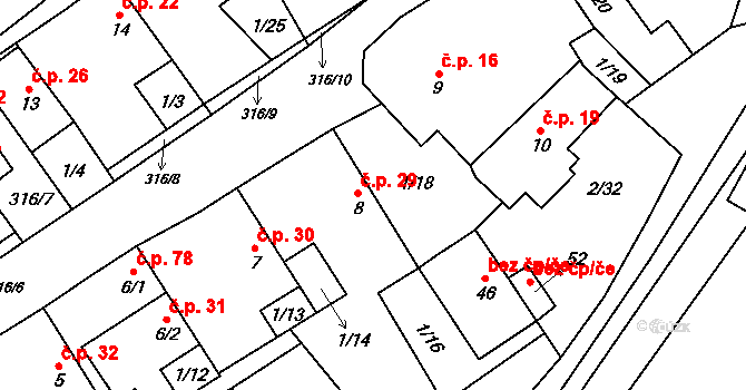 Housko 29, Vysočany na parcele st. 8 v KÚ Housko, Katastrální mapa