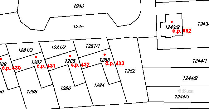 Postřelmov 433 na parcele st. 1283 v KÚ Postřelmov, Katastrální mapa